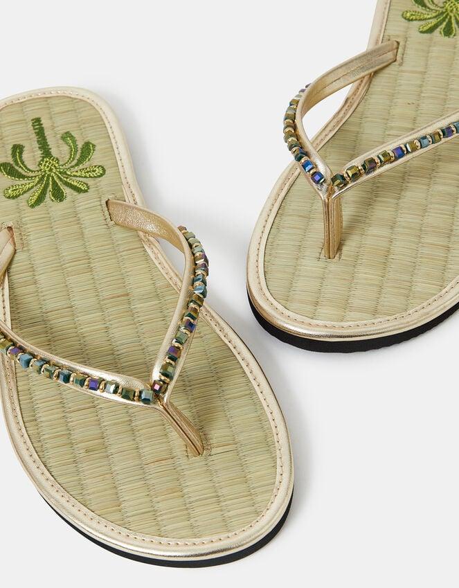 Accessorize Beaded Palm Seagrass Flip Flops Gold