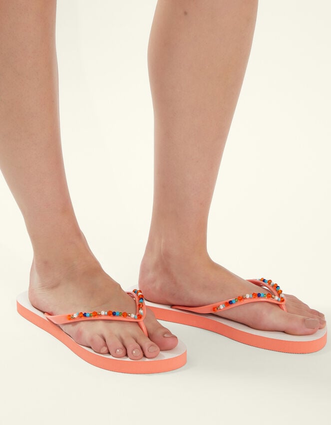 Accessorize Beaded Shell Print Flip Flops Orange