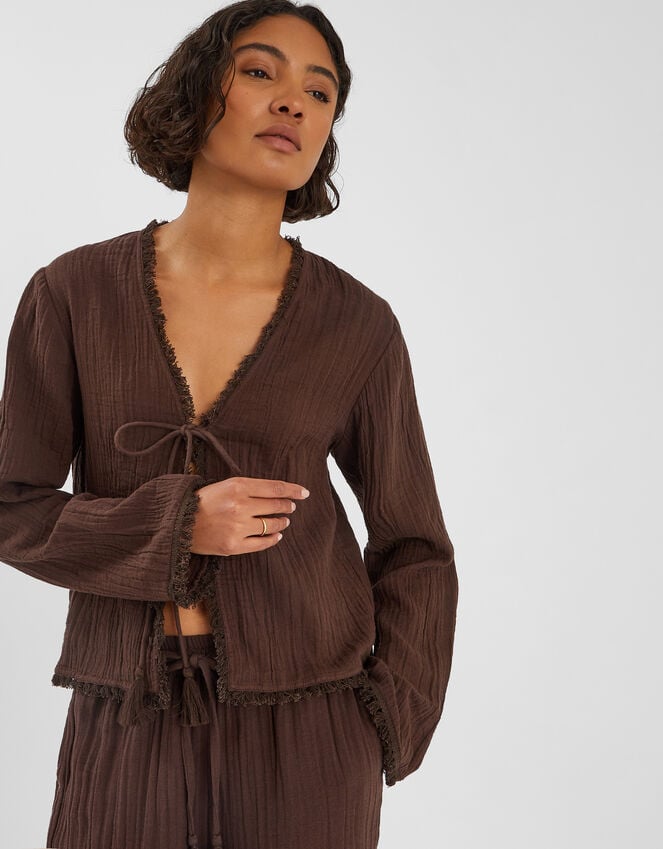 accessorize Crinkle Long Sleeve Tie Top Brown