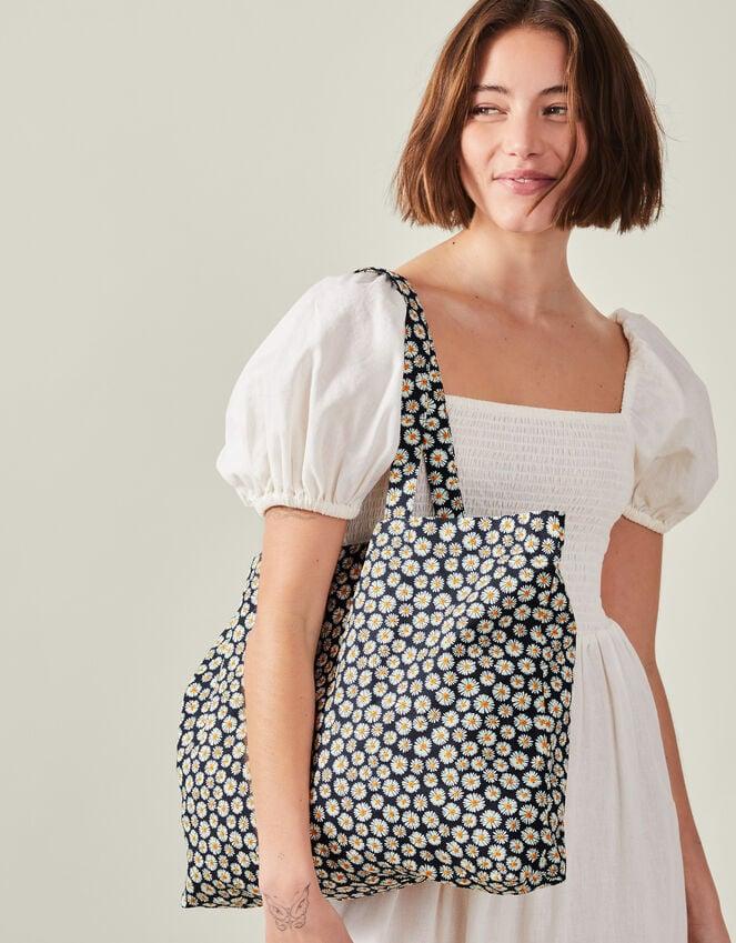 accessorize Daisy Print Cotton Shopper Bag Navy