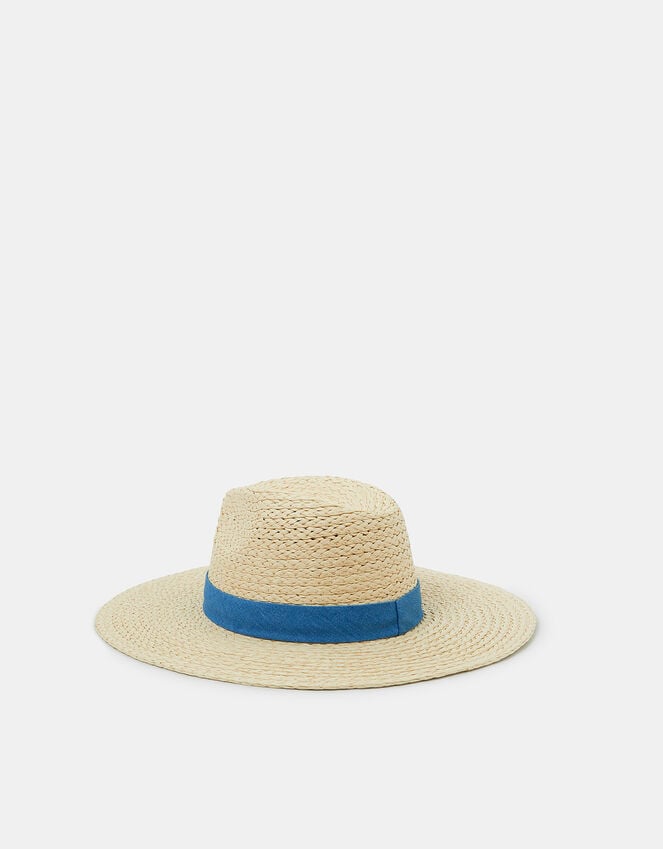 Accessorize Denim Trim Straw Fedora Hat