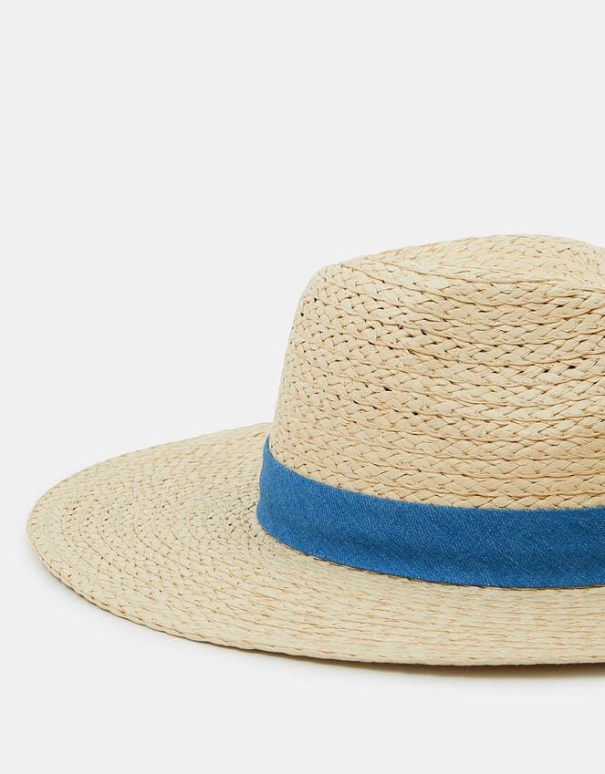 Accessorize Denim Trim Straw Fedora Hat