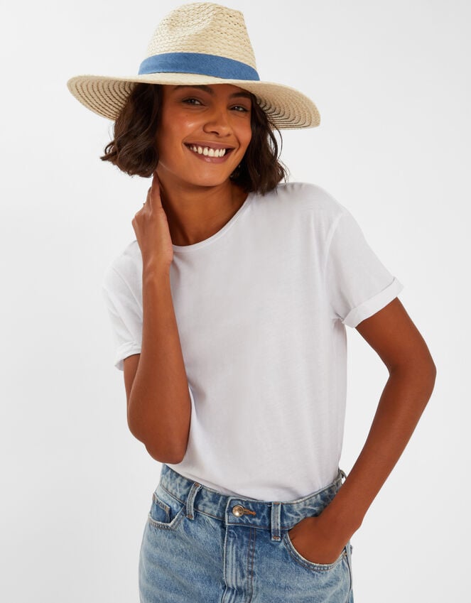 Accessorize Denim Trim Straw Fedora Hat
