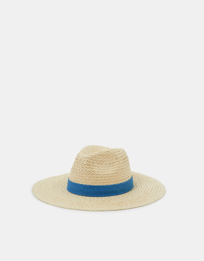 accessorize Denim Trim Straw Fedora Hat