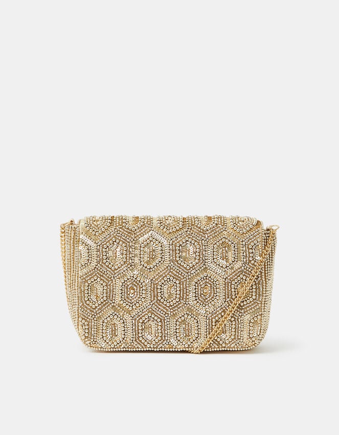 Accessorize Embellished Fold Over Clutch Bag Gold