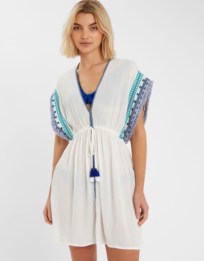 accessorize Embroidered Fringe Mini Kaftan White