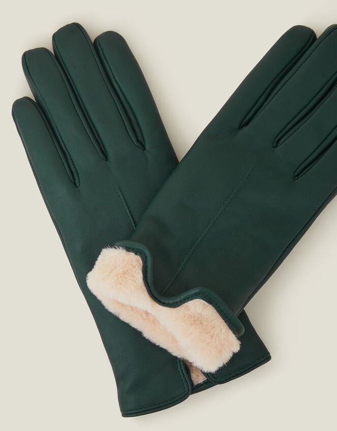Accessorize Faux Fur Lined Leather Gloves Green