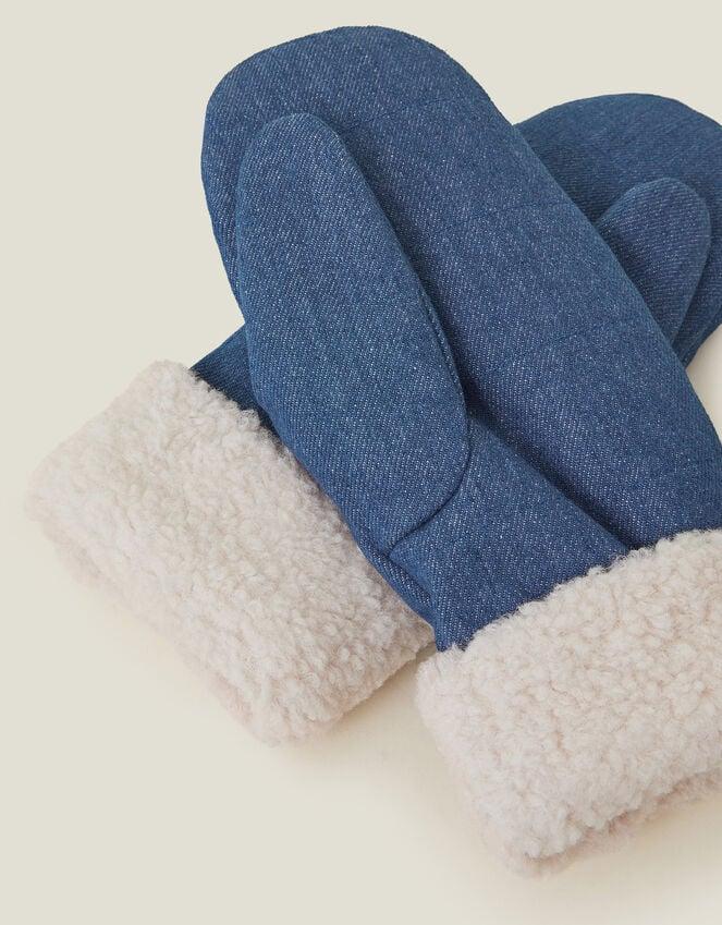Accessorize Faux Shearling Cuff Denim Mittens