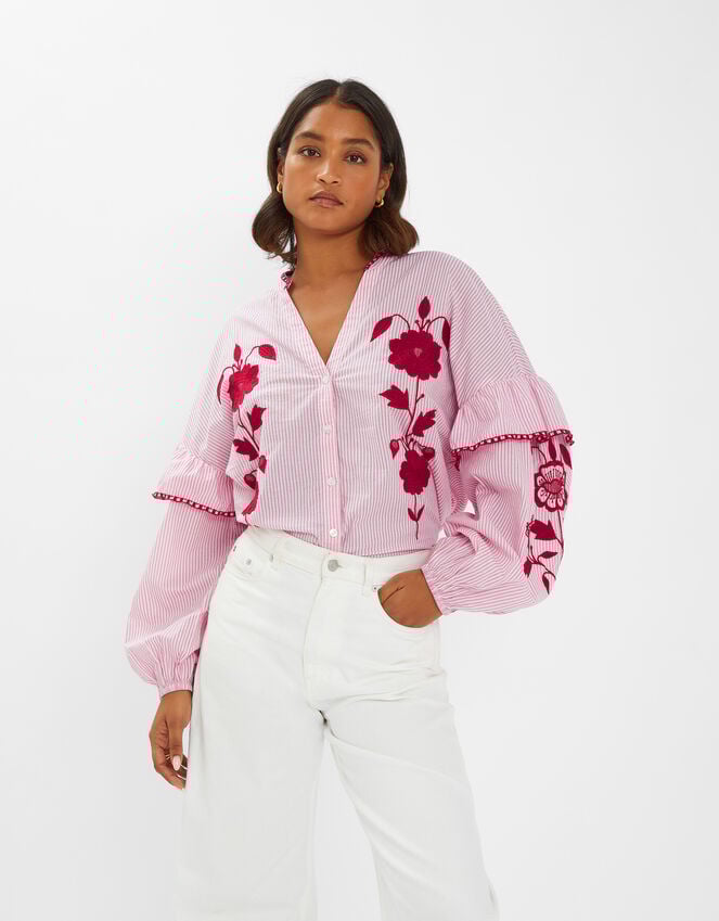 accessorize Floral Embroidered Stripe Blouse Red