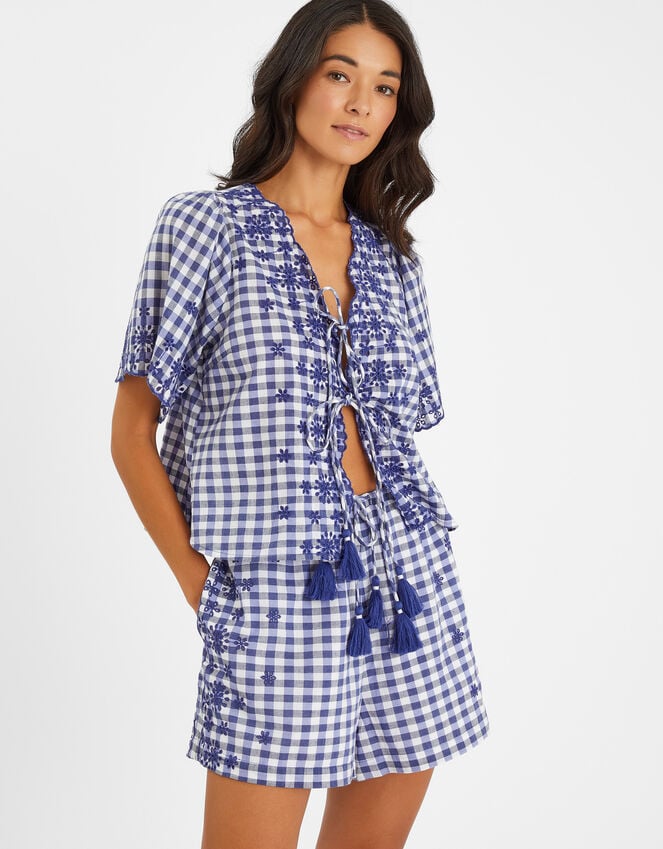 accessorize Gingham Embroidered Tie Top Blue