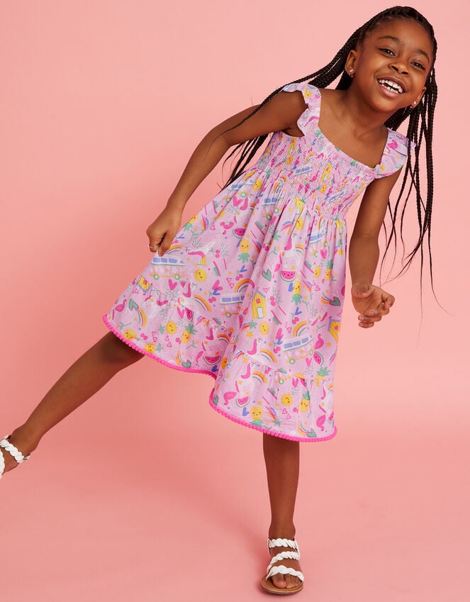 accessorize Girls Sunbeam Print Shirred Dress Pink