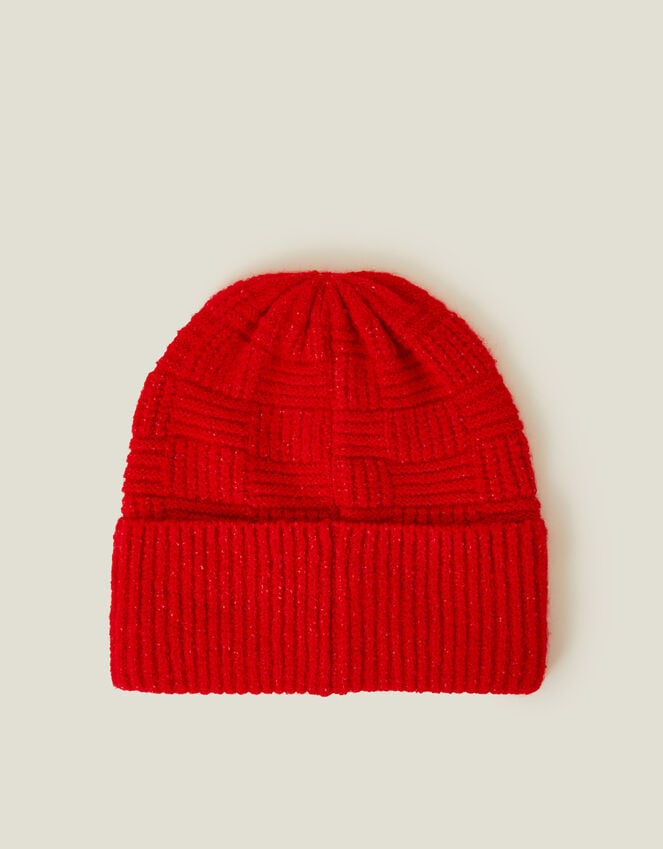 Accessorize Knitted Rib Check Beanie Hat Red