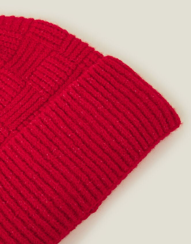 Accessorize Knitted Rib Check Beanie Hat Red