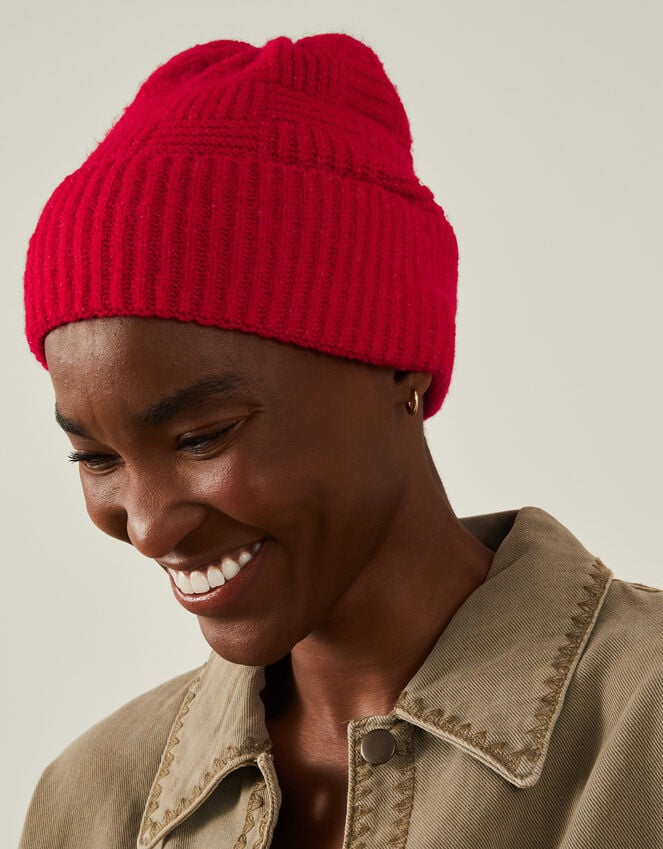 Accessorize Knitted Rib Check Beanie Hat Red