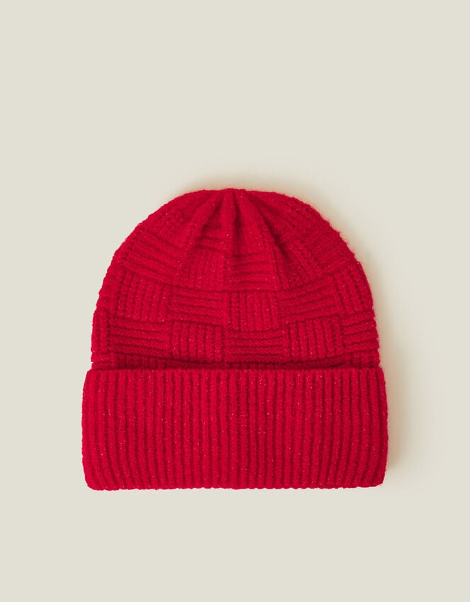 accessorize Knitted Rib Check Beanie Hat Red