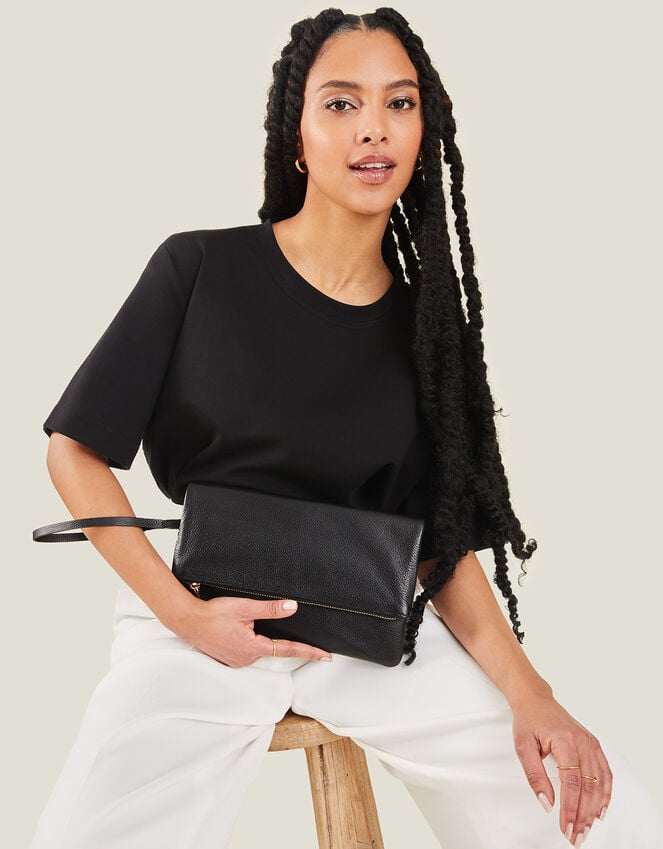 accessorize Leather Fold-Over Clutch Bag Black