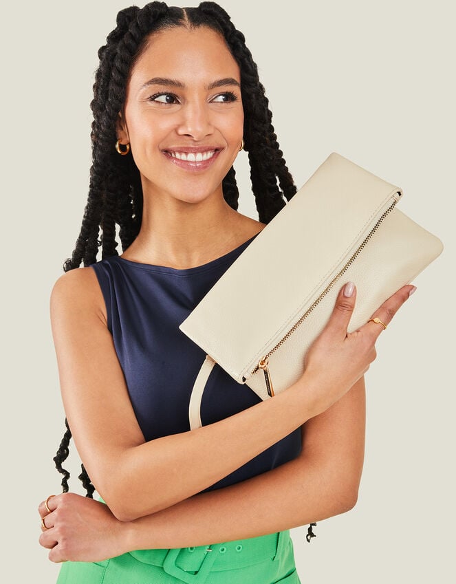 accessorize Leather Fold-Over Clutch Bag Cream