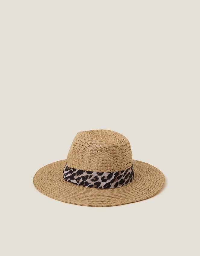 Accessorize Leopard Trim Straw Fedora Hat Natural