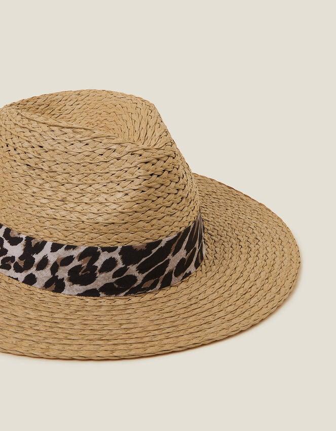 Accessorize Leopard Trim Straw Fedora Hat Natural