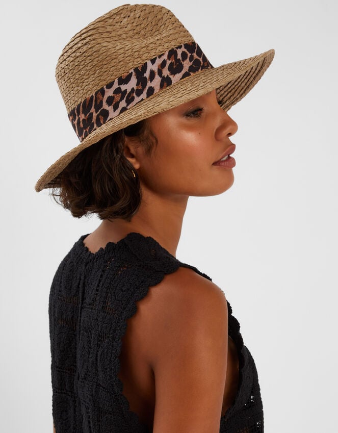 Accessorize Leopard Trim Straw Fedora Hat Natural