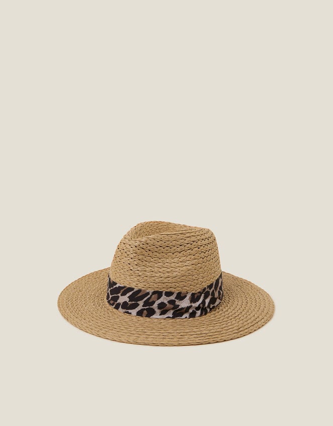 accessorize Leopard Trim Straw Fedora Hat Natural
