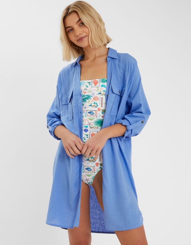 accessorize Long Sleeve Beach Cover Up Shirt Blue