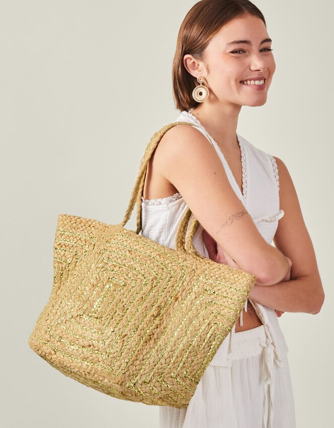 accessorize Metallic Jute Beach Bag Gold