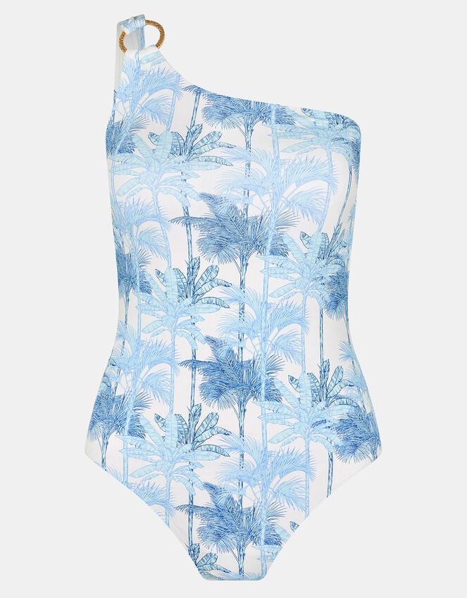 Accessorize Palm Print One-Shoulder Swimsuit White