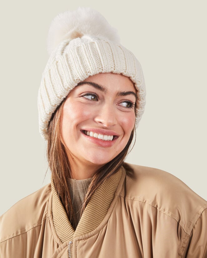 Accessorize Pom-Pom Beanie Hat Cream
