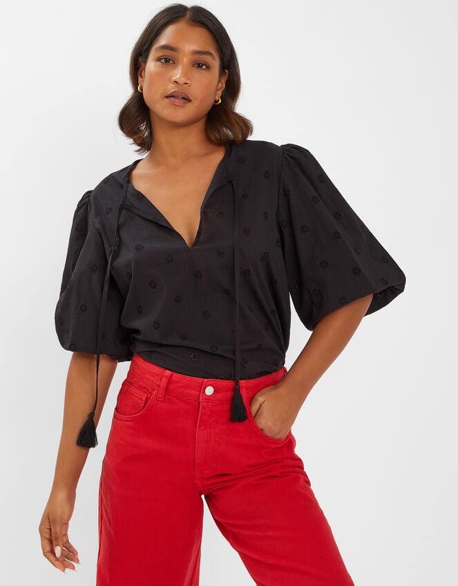 Accessorize Puff Sleeve Cotton Blouse Black