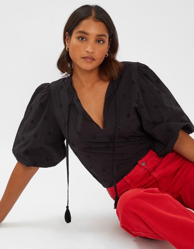 accessorize Puff Sleeve Cotton Blouse Black