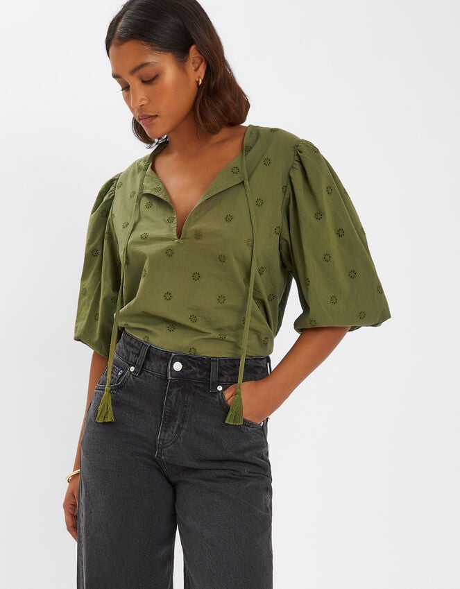 accessorize Puff Sleeve Cotton Blouse Green