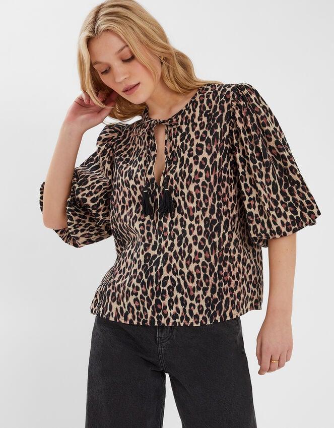 accessorize Puff Sleeve Cotton Blouse Leopard