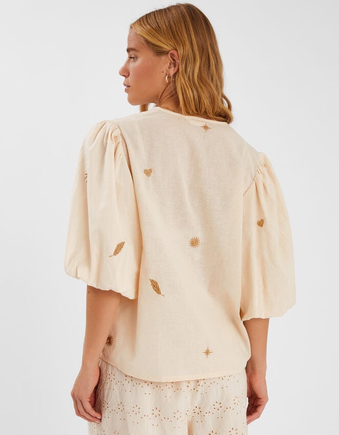Accessorize Puff Sleeve Embroidered Top Natural
