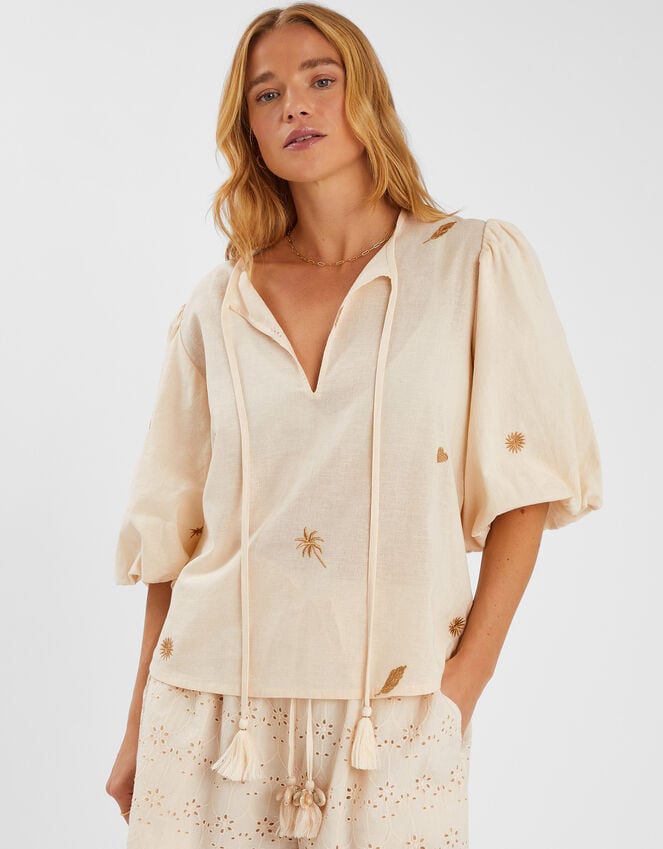 accessorize Puff Sleeve Embroidered Top Natural