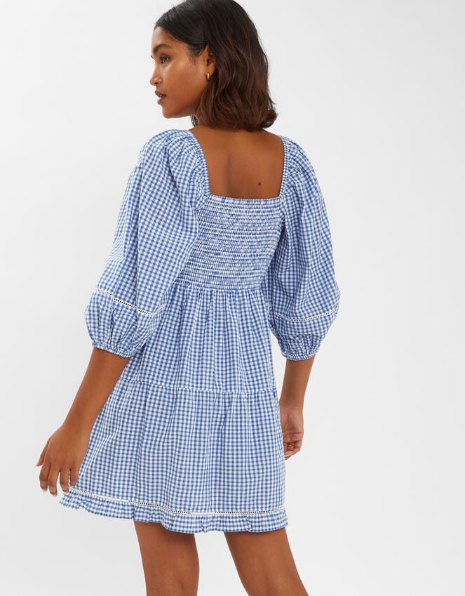Accessorize Puff-Sleeve Gingham Mini Dress Blue