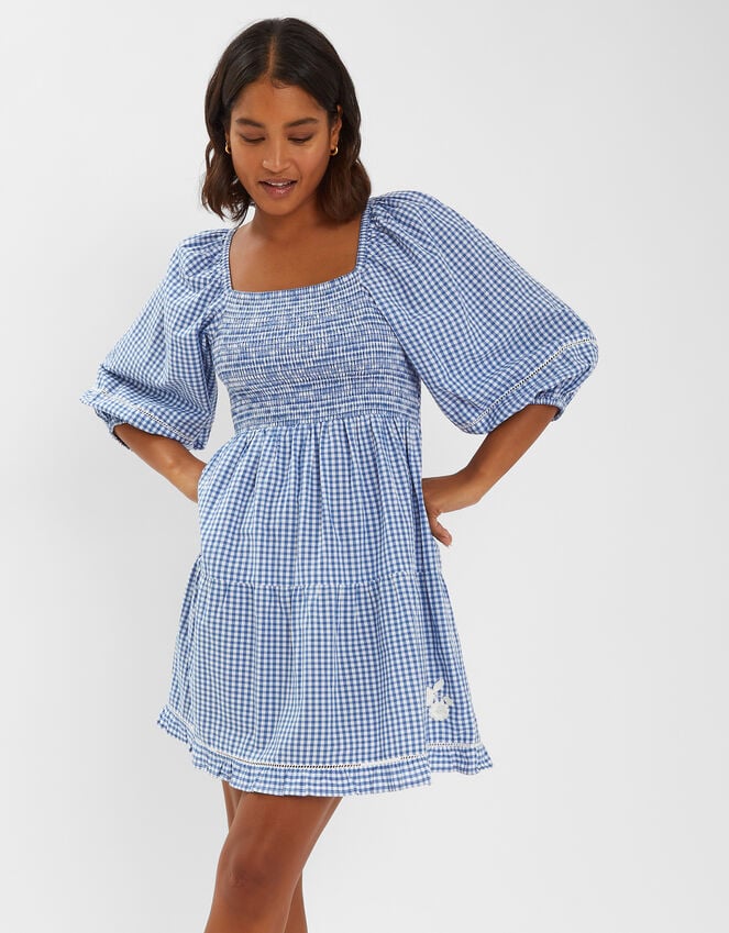 accessorize Puff-Sleeve Gingham Mini Dress Blue