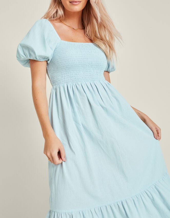 Accessorize Puff Sleeve Smocked Midi Dress Blue
