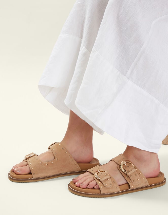 Accessorize Stud Buckle Leather Sandals Natural