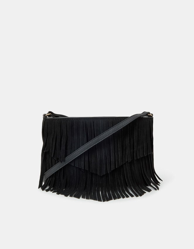 Accessorize Suede Fringe Crossbody Bag Black