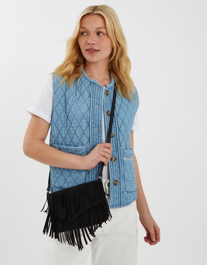 accessorize Suede Fringe Crossbody Bag Black