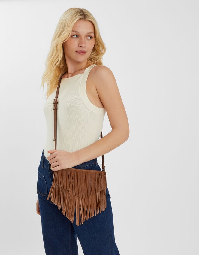 accessorize Suede Fringe Crossbody Bag Tan