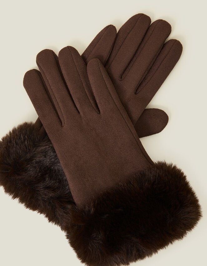 Accessorize Suedette Faux Fur Cuff Gloves Brown