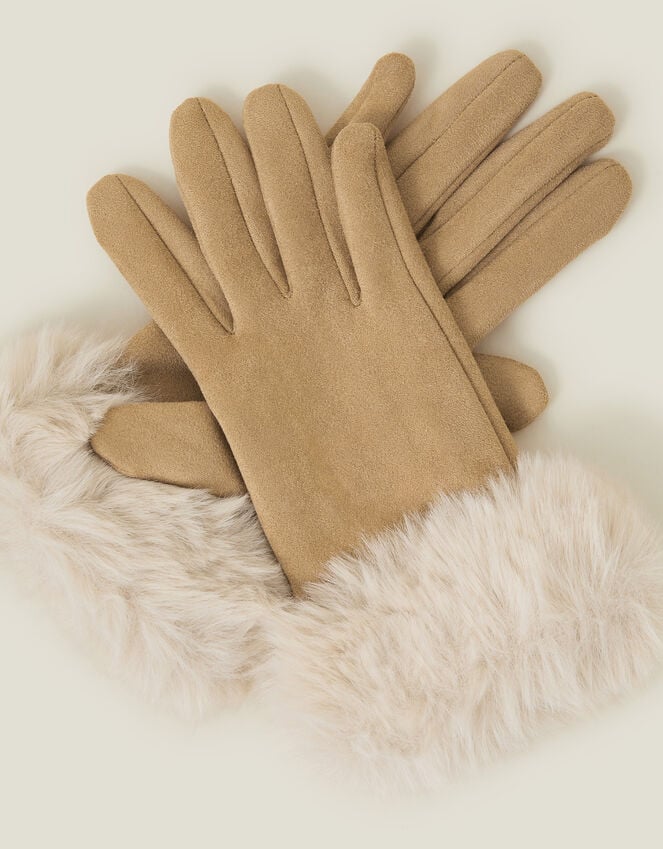 Accessorize Suedette Faux Fur Cuff Gloves Natural
