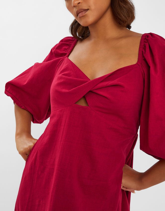 Accessorize Twist Puff-Sleeve Midi Dress Red
