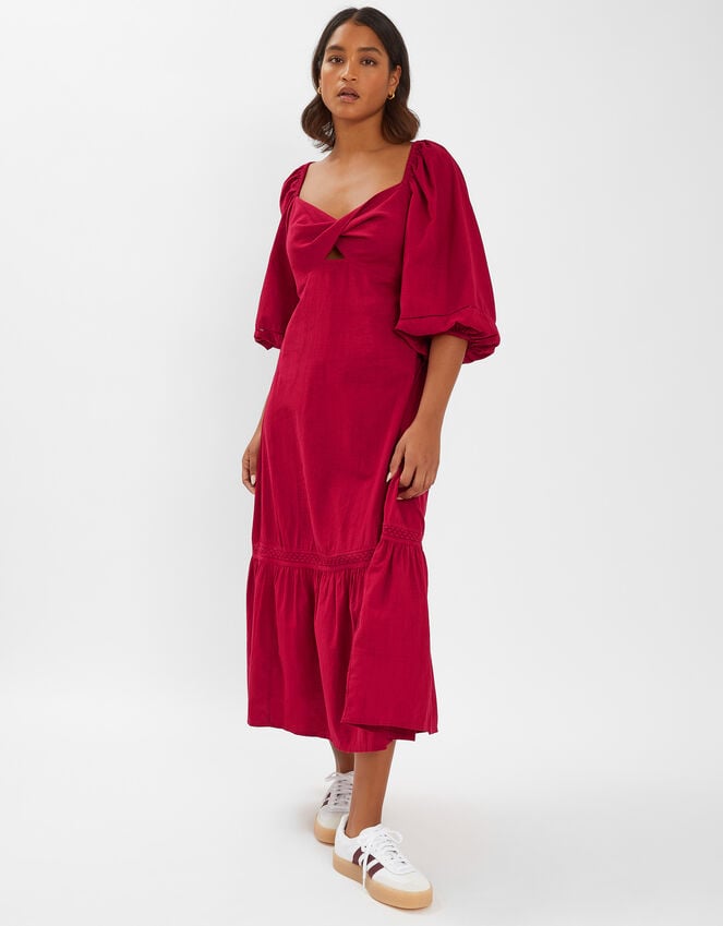 accessorize Twist Puff-Sleeve Midi Dress Red