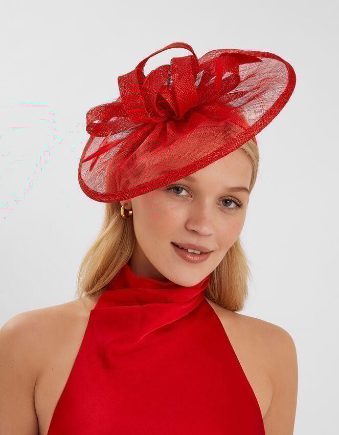 accessorize Woven Bow Feather Disc Fascinator Red