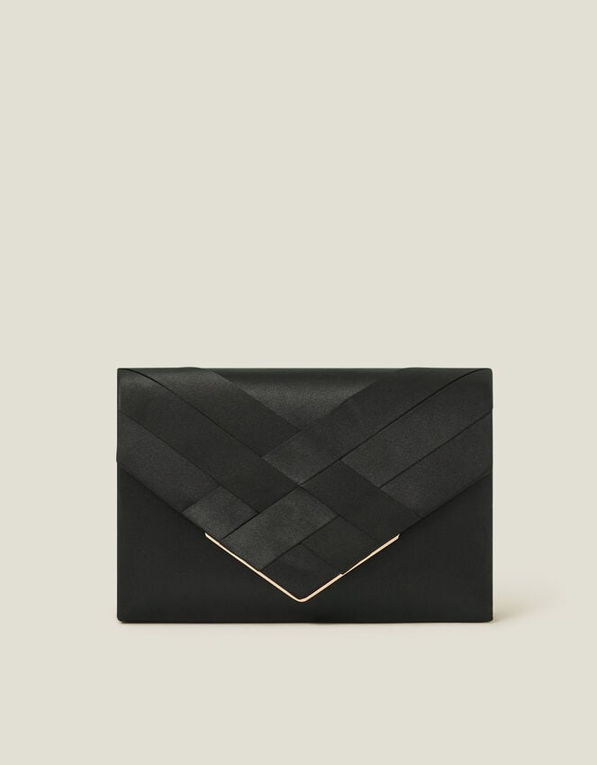 Accessorize Woven Satin Envelope Clutch Bag Black