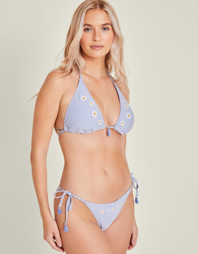 accessorize Embroidered Daisy Stripe Tie Side Bikini Bottoms Blue