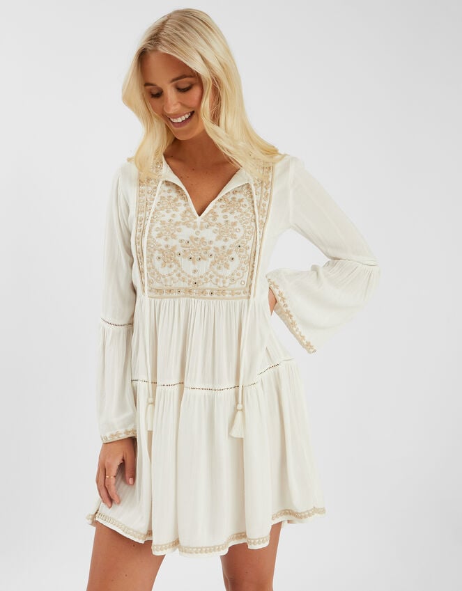 accessorize Embroidered Flute-Sleeve Mini Dress Ivory